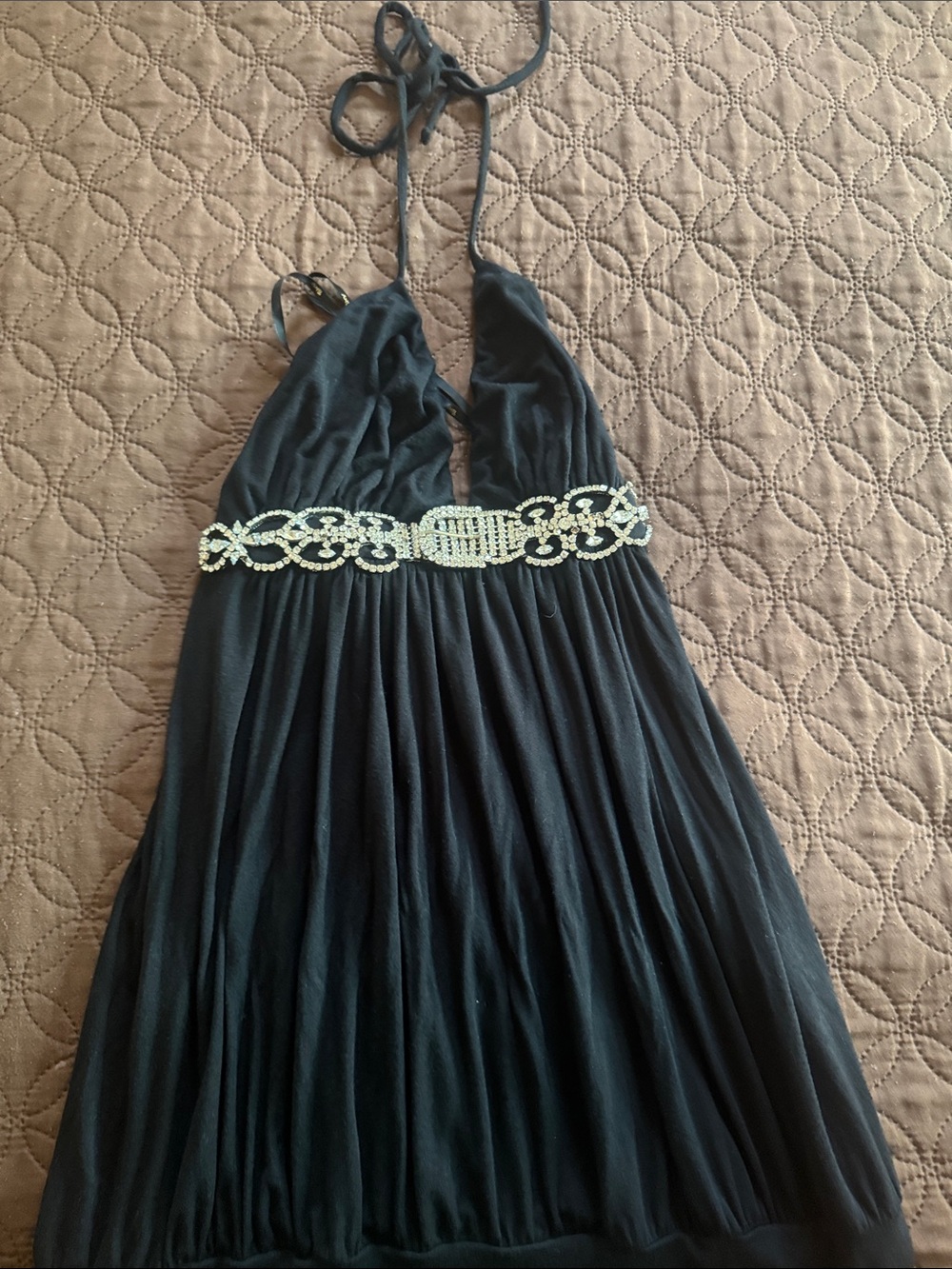 Black Halter Evening Dress with Rhinestone Waistband